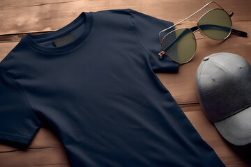 Wall Mural - navy tshirt mockup flatlay with sunglasses and hat ai generated art