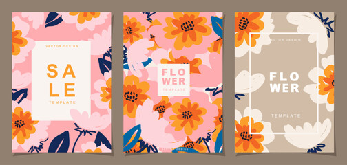 Wall Mural - Flower template set for poster, card, cover, label, banner in modern minimalist style and simple summer design templates with florals and plants.