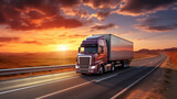 Fototapeta  - Paint a picturesque image of a long-haul truck transporting colorful containers on a vast highway, with the sun setting on the horizon Generative AI