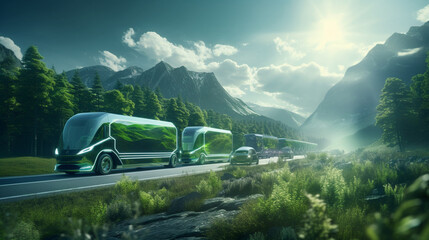 Poster - Depict a convoy of eco-friendly hydrogen fuel cell trucks, emitting only water vapor, as they make their way through a lush, green landscape Generative AI