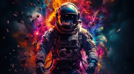 astronaut on the surface of a rock with a space colorful background, an astronaut walks on the moon 