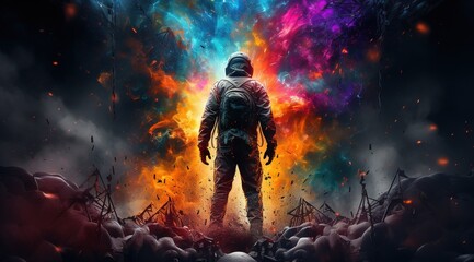 Wall Mural - astronaut on the surface of a rock with a space colorful background, an astronaut walks on the moon 