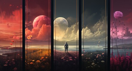 astronaut on the surface of a rock with a space colorful background, an astronaut walks on the moon 