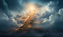 Stairway To Heaven. Concept With Sun And Clouds. Religion Background. Love Background With Copy Space.