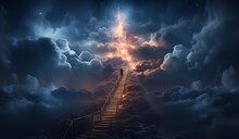Stairway To Heaven. Concept With Sun And Clouds. Religion Background. Love Background With Copy Space.