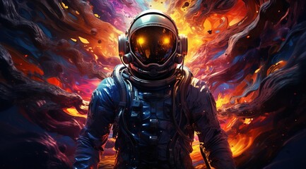 Wall Mural - astronaut on the surface of a rock with a space colorful background, an astronaut walks on the moon 