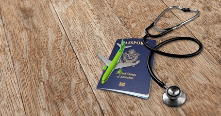 Poster - Air traveling concept. passports and stethoscope on desk