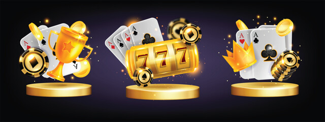 3D casino poker icon concept, vector roulette online gambling winner chip, golden podium card design. Realistic coin, 3-reel slots blackjack Vegas promotion victory cup template. Casino welcome bonus