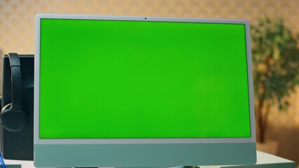 Wall Mural - Zoom out greenscreen computer in office. Business man staring mockup monitor