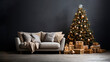 Living room with Christmas tree, gifts, white sofa, and blank dark wall with copy space