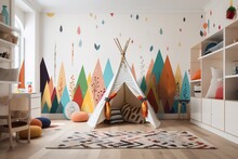 A Colorful And Eclectic Children's Playroom With A Playful Mural And Plenty Of Space For Imaginative Play. Generative AI