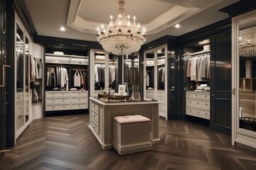 luxury modern bedroom suite in hotel with wardrobe and walk in closet. Generative AI
