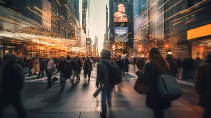 Wall Mural - Fast moving energetic crowd movement, motion blurred people walking with long exposure, motion speed blur. Generative AI