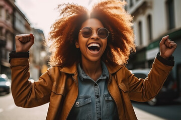 Portrait of carefree young woman in sunglasses threw up her hands with clenched fists and celebrates win at city outdoors