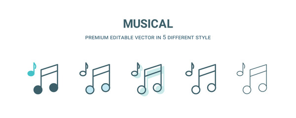 Poster - musical icon in 5 different style. Outline, filled, two color, thin musical icon isolated on white background. Editable vector can be used web and mobile