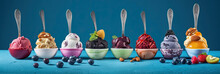 Ice Cream, Set Of Ice Cream Scoops Of Different Colors And Flavours With Berries, Nuts And Fruits Decoration On Blue Background. Generative Ai