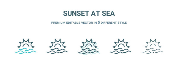 Wall Mural - sunset at sea icon in 5 different style. Outline, filled, two color, thin sunset at sea icon isolated on white background. Editable vector can be used web and mobile