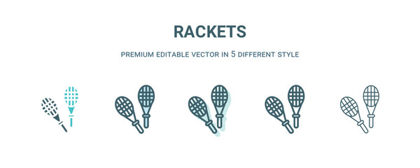 Sticker - rackets icon in 5 different style. Outline, filled, two color, thin rackets icon isolated on white background. Editable vector can be used web and mobile