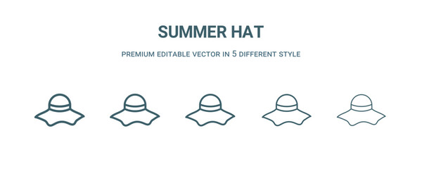 Wall Mural - summer hat icon in 5 different style. Thin, light, regular, bold, black summer hat icon isolated on white background.