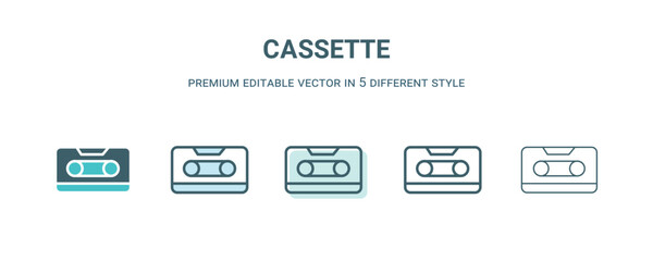 Poster - cassette icon in 5 different style. Outline, filled, two color, thin cassette icon isolated on white background. Editable vector can be used web and mobile