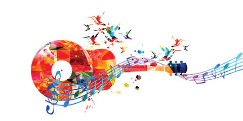 Wall Mural - Playful music background with abstract guitar, LP record and musical notes for banner, card, invitation, poster... Vector illustration for live concert events, music festivals and shows. Party flyer	