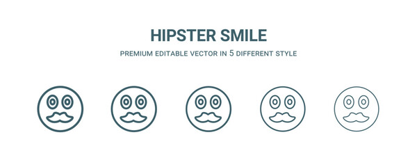 Sticker - hipster smile icon in 5 different style. Thin, light, regular, bold, black hipster smile icon isolated on white background.