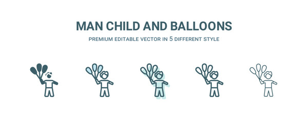 Canvas Print - man child and balloons icon in 5 different style. Outline, filled, two color, thin man child and balloons icon isolated on white background. Editable vector can be used web and mobile