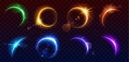realistic set of solar eclipse overlay effect on transparent background. vector illustration of neon