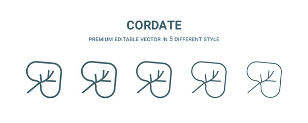 Poster - cordate icon in 5 different style. Thin, light, regular, bold, black cordate icon isolated on white background.