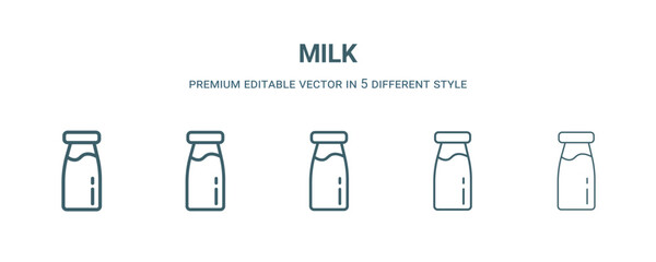 milk icon in 5 different style. Thin, light, regular, bold, black milk icon isolated on white background. Editable vector
