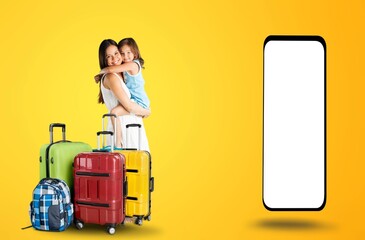 Sticker - Happy cheerful family with suitcases and big phone