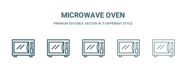 Wall Mural - microwave oven icon in 5 different style. Thin, light, regular, bold, black microwave oven icon isolated on white background. Editable vector