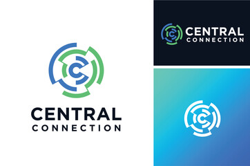 modern initial letter c circle circular central core connection technology logo design