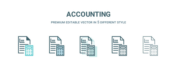 Sticker - accounting icon in 5 different style. Outline, filled, two color, thin accounting icon isolated on white background. Editable vector can be used web and mobile