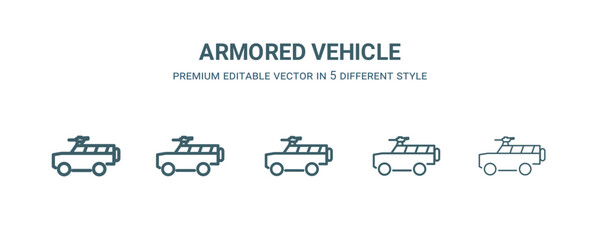 Wall Mural - armored vehicle icon in 5 different style. Thin, light, regular, bold, black armored vehicle icon isolated on white background.