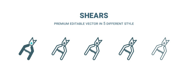 Sticker - shears icon in 5 different style. Outline, filled, two color, thin shears icon isolated on white background. Editable vector can be used web and mobile