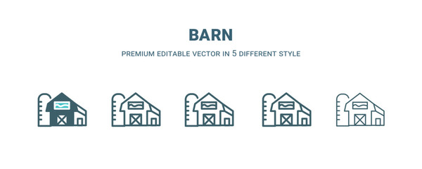 Sticker - barn icon in 5 different style. Outline, filled, two color, thin barn icon isolated on white background. Editable vector can be used web and mobile