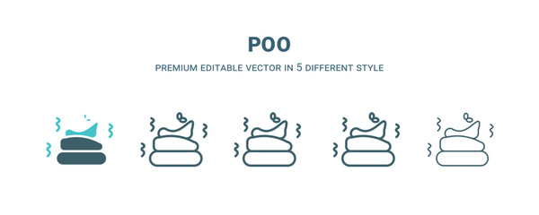 poo icon in 5 different style. Outline, filled, two color, thin poo icon isolated on white background. Editable vector can be used web and mobile