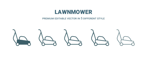 Wall Mural - lawnmower icon in 5 different style. Outline, filled, two color, thin lawnmower icon isolated on white background. Editable vector can be used web and mobile