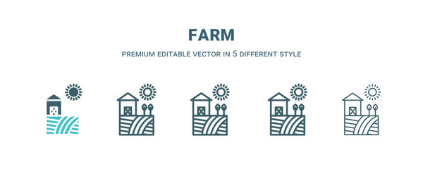 Sticker - farm icon in 5 different style. Outline, filled, two color, thin farm icon isolated on white background. Editable vector can be used web and mobile