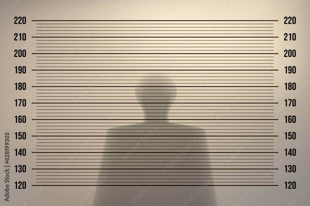 Mugshot in a police station with a retro background with backlight on ...