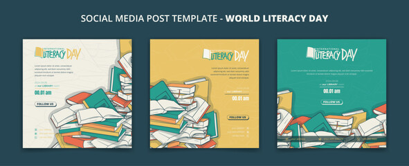 Set of social media post template with books background design for world literacy day campaign