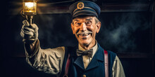 Charming Old Train Conductor, Grinning In Uniform, Cheerfully Waving A Signal Lantern; Evocative Steam Engine Atmosphere With Rich Charcoal Background. Generative AI