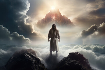 Back view of Jesus Christ stand on mountain in heaven. Concept of spiritual faith in God in Christianity and catholicism