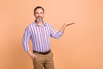 Wall Mural - Photo of pleasant good mood nice man gray beard wear striped shirt palm demonstrate empty space promo isolated on beige color background