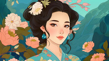Hand-drawn Cartoon Beautiful Illustration Of A Girl In Ancient Chinese Costume Among Flowers