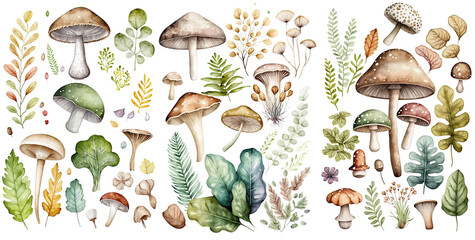 Wall Mural - Set of mushroom watercolor collection of hand drawn, mushroom beige brown and gray color, mushroom elegant watercolor , mushroom isolated transparent background, PNG.