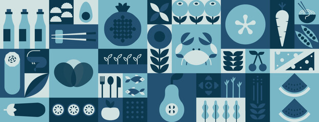 Wall Mural - Mosaic geometric food banner. Natural fruit vegetable seafood pattern restaurant menu identity design. Vector background