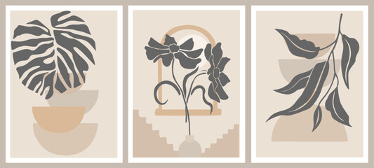 Set of Boho aesthetic abstract botanical wall arts. Trendy posters for Scandinavian, japandi interior design in neutral pastel colors. Bohemian collage prints. Mid Century Modern Vector illustrations.