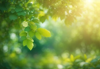 Wall Mural - Beautiful natural spring summer defocused panoramic background frame with fresh juicy foliage and bokeh outdoors in nature